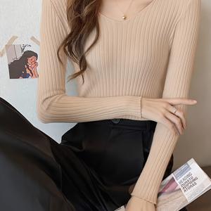 TEMU 여성 슬림핏 V넥 긴팔 스웨터 - 시크한 로우컷 풀오버, 버튼 디테일, 단색, 가을/겨울 캐주얼 스타일, 다용도 레이어링, 캐주얼 웨어|세련된 니트웨어| 구조, 스웨트드레스