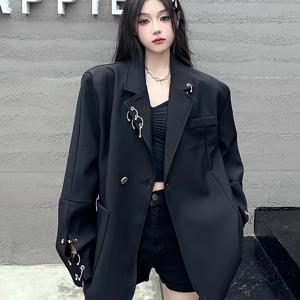 TEMU 여성용 오버사이즈 루즈핏 블랙 , 가을/겨울 신상품 니치 디자인 스트리트웨어 패딩드 숄더 수트