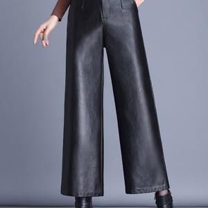 TEMU 여성용 데일리 캐주얼 루즈핏 포켓 레더 와이드 팬츠 빅사이즈 가죽 와이드 팬츠 베이직 레더 9부 일자 바지 PU 가죽바지 레더팬츠 여자 통바지
