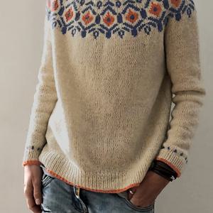 TEMU 가을/겨울 패션 여성용 니트 풀오버 스웨터 - 폴리에스터 보트 넥, 플레드 및 드로잉 패턴, 루즈핏 니트웨어