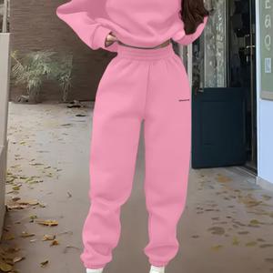 TEMU 여성용 봄/가을 캐주얼 스포츠 의류 세트, 폴리에스터 100% 긴팔 풀오버, 자수 알파벳 디자인, 크루 넥 드롭 숄더 니트 재질, 중간 스트레치, 루즈핏 스웨트셔츠와 바지 세트