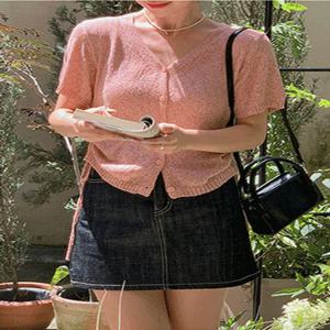 [44-120]  푸어핀 스트링 세미크롭 브이넥 니트 가디건( 여름-데일리룩-데이트룩-캐주얼룩-캠퍼스룩-하객룩-격식룩-출근룩-빅사이즈-120사이즈-자체제작-러블리-가벼운-통통녀-반팔니트 )