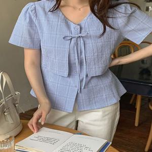 [1천장 돌파✨][포인트템✨/데일리착붙] 제니빈드 체크 플랩 리본 퍼프 반팔 블라우스(신상/여름/반팔블라우스/리본블라우스/하객룩/격식룩/데이트룩/소개팅/출근룩/직장인룩/자체제작 )