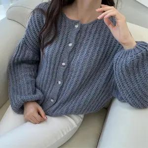 동글동글 굵은짜임 라운드넥 니트가디건 세미캐주얼 출근룩 기본템 베이직코디 하객룩