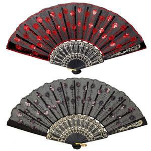 1920년대 플라멩코 스페인어용 Jetec 2피스 휴대용 접이식 팬 세퀸 패브릭 접이식 레이스 트림 팬 할로윈 코스프레 의상(레드, 블랙)