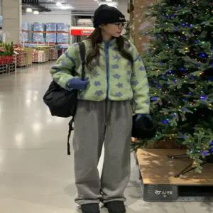 누빔 퀼팅 퀼트 자켓 재킷 점퍼 코트 부클 양털 조끼 블루 플라워 빈티지 스타일 여성 겨울 외투 출퇴근용