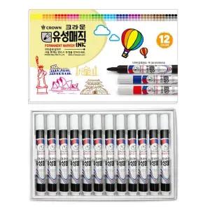 크라운 유성매직 단색 검정색 12개입 ( 사무용품 문구 유성펜 고급잉크 둥근닙
