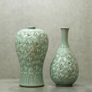 청자 상감 운학문 매병 주병 세트/대 고려청자 한국전통 골동품 장식용 공예품 옛날인테리어 작품 도자기