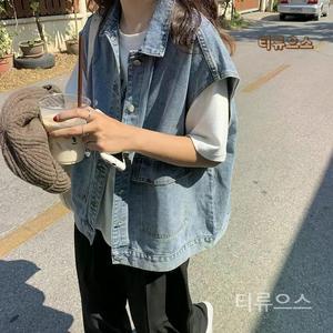 오버핏 데님조끼 데님베스트 청조끼 여자베스트 빅포켓 티류으스