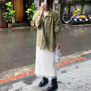 여성 허리밴딩 엠보 레이스 뒷트임 이중 롱스커트 MSE-WSK-20709-아이보리