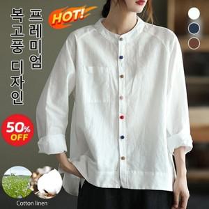 여성 무지 린넨 셔츠 루즈 면마 블라우스