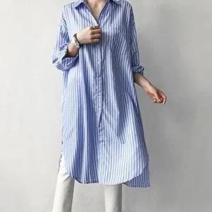 고품질 빅사이즈 롱남방 블루색상의 오버핏 스트라이프 롱셔츠 세로줄셔츠 절개셔츠 밑트임셔츠 (WFJZ947)