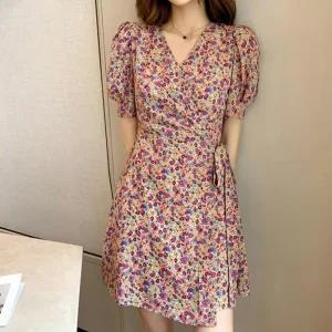 여성 플라워 패턴 미니 원피스 A라인 랩원피스_4