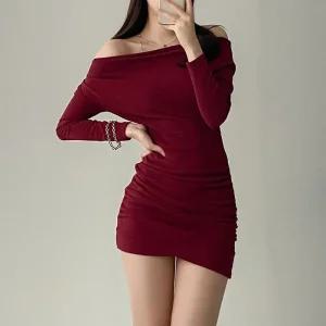 여자 오프숄더 셔링 튤립 초미니 슬림 원피스_4