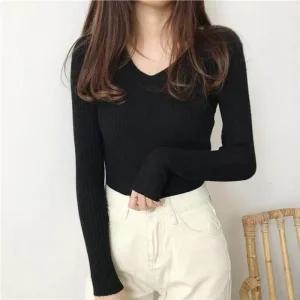 ONM 데일리 기본 골지 여자 브이넥 편한 이너 긴팔