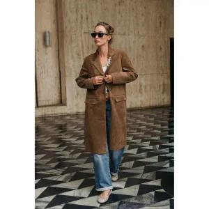 [정품] 자라 자켓 코트 데일리 아웃터 ZARA 브로치 디테일 스웨이드 프록코트 - 토바코 브라운