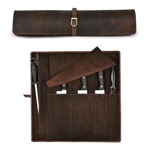 가죽 빌리지 나이프 롤백 - 셰프 휴대용 케이스, 내구성 있는 칼집 홀더, 요리사 및 요리 도구 정리함, 4개의 슬롯과 지퍼가 여행용 보관함 러스틱