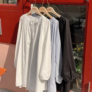 핫핑 프럴 헨리넥 퍼프 셔츠 플레어 미니원피스