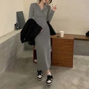 [하프클럽/]그레이 후드 슬림핏 롱원피스 캐주얼 데일리룩
