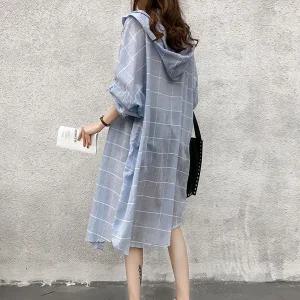 쉬블림로브 여성 체크 후드 데일리 나들이 롱 셔츠 GW0877