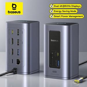Baseus 12-in-1 USB C 허브-HDMI 4K@60Hz 듀얼 디스플레이 3.2 어댑터(RJ45 SD TF 100W 도킹 스테이션 포함