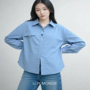 [유아몽드]직장인 루즈핏 롱 블라우스 카라넥 유니크 자개 단추
