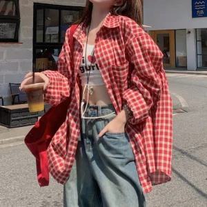 여성 레트로 감성 오버핏 체크 남방 롱셔츠 가디건