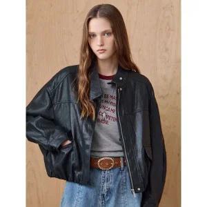 [하프클럽/]페이크 레더 체크 배색 하이넥 블루종 점퍼