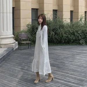 여성 러블리 A라인 트위드 민소매 롱 플레어 원피스