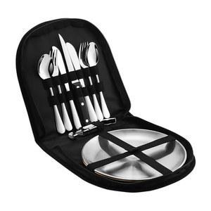 이스뎀 금속 캠핑 도구 세트, 실버웨어 세트 2인용, 재사용 가능한 여행용 식기 케이스 포함 나이프 포크 스푼 접시 및 맥주 캡 오프너