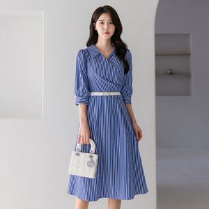 [시크라인] (~XXL까지) 요니 오픈 카라 셔링 랩 스트라이프 원피스 봄 가을 오피스룩 데이트 모임 미시 빅사이즈