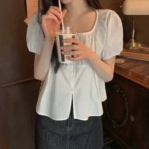 [모어렌] [MADE] 웨이즐 퍼프 셔링 반팔 블라우스[tbs0477]