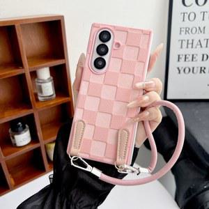 핸드폰케이스 새로운 핑크 컬러 블록 격자 무늬 로프 가죽 4 5 폰 폴드7 폴드 커버 케이스 갤럭시 폴드6 Z 3 뒷면