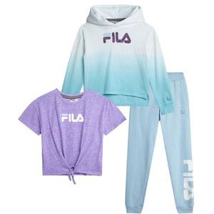 필라 걸스 트레이닝복 세트 - 3피스 타이 다이 반팔 크롭탑, 풀오버 후드티, 소녀용 조거 스웨트 팬츠 (7-16)