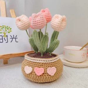 뜨개꽃 DIY 화분 손으로짠 튤립 뜨개질 모직 데이지 해바라기