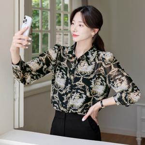 [시크라인] (~XL까지) 더로브 패턴 시스루 카라 블라우스 봄,가을 시즌리스 하객룩 오피스룩 격식룩 출근룩 데이트룩