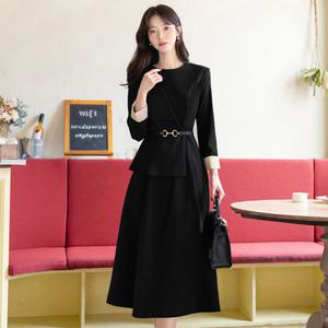 [시크라인] (~XXL까지) 로던 자켓 레이어드 배색롤업 플레어 벨트 원피스 봄,가을 하객룩 오피스룩 격식룩 데이트룩