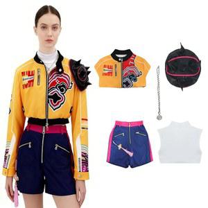 BUXULYP 여성 데몬 루미 미라 조이 헌터 무대 의상 팝 가수들이 성인 할로윈을 위한 탑 쇼트 의상을 입습니다