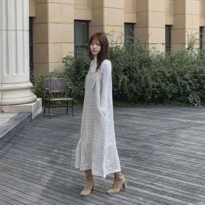 [다잇템] 여성 트위드 롱 에이라인 슬리브리스 귀여운 후레아 원피스