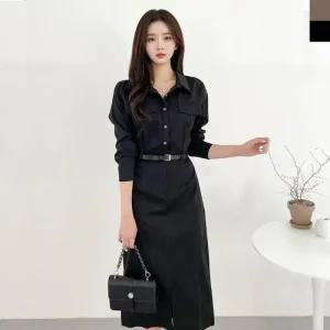 여자클래식하객룩셔츠롱원피스-벨트포함 출근룩 KAA 원피스 외출복 하객룩