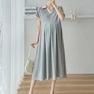 [하프클럽/알티피아]여름 임산부 카라형 반팔 롱 원피스 데일리 착용 임부복 스타일