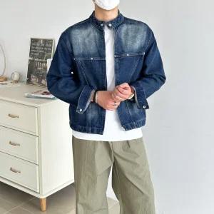 [쿼터]남자 바이커 데님자켓 워싱 레이서 절개 차이나 투웨이 집업 크롭 청자켓 2color