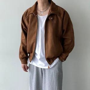 [모노폴로지]투웨이 세무 스웨이드 캐주얼 오버핏 크롭 지퍼 블루종 트러커 카라 절개 자켓 2color