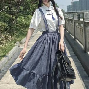 새로운 스위트 여성 스커트 프레피 스타일 스트랩 롱 스커트 프릴 느슨한 귀여운 학생 캐주얼 스커트 여성 스커트 2025 HOT