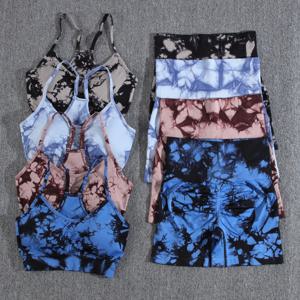 2Pcs \ 세트 타이 염색 원활한 요가 반바지 세트 피트니스 자전거 반바지와 브라 탑 여성용 활동적인 운동 운동 체육관 복장
