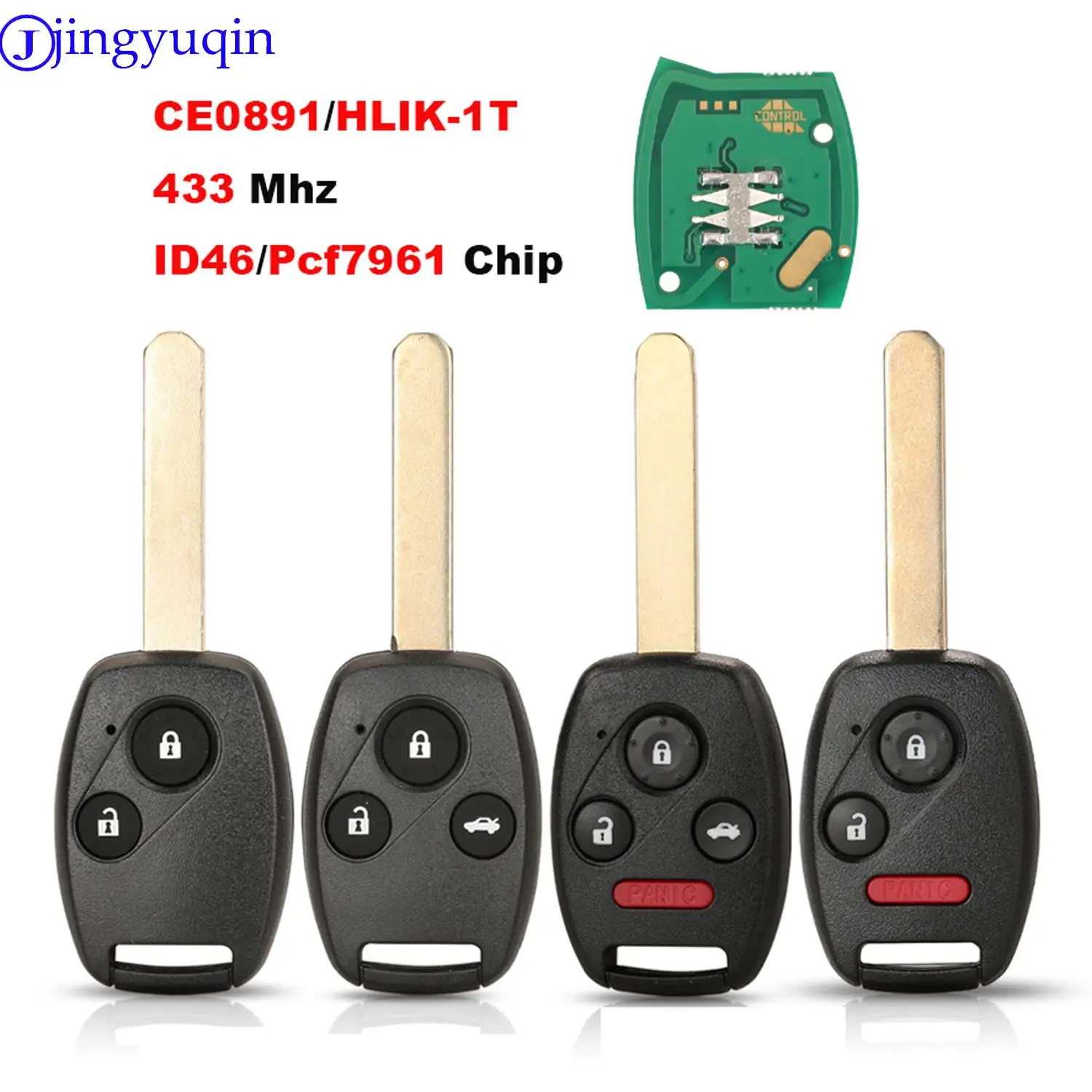 Jingyuqin 원격 키 포브, 혼다 어코드 엘리먼트 파일럿 CR-V HR-V 시티 재즈 오디세이 시빅 CE0891/HLIK-1T 433MHZ ID46/pcf7961 칩
