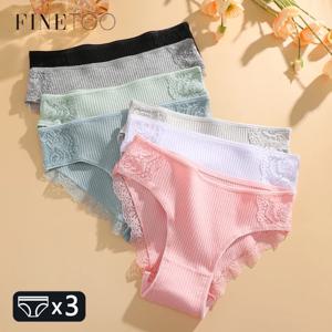 FINETOO 3 개/대 여성 코튼 팬티 M-2XL 로우 라이즈 속옷 트렌디 한 패치 워크 레이스 팬티 여성 소프트 팬티 란제리 2022