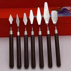 7PCS 수채화 혼합 아트 오일 페인팅 스크레이퍼 세트 나무 스테인리스 스틸 구아슈 페인트 색소 혼합 나이프 핸드 툴