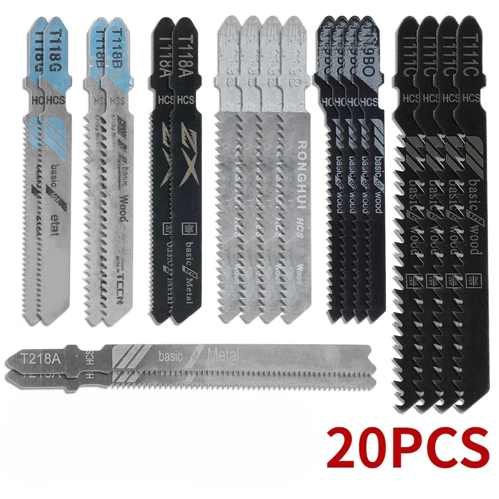 20 조각 직소 블레이드 세트 T-샤프트 HCS 블랙 & 데커 Metabo 용 목재 플라스틱 및 금속 절단 용 모듬 지그 톱 블레이드