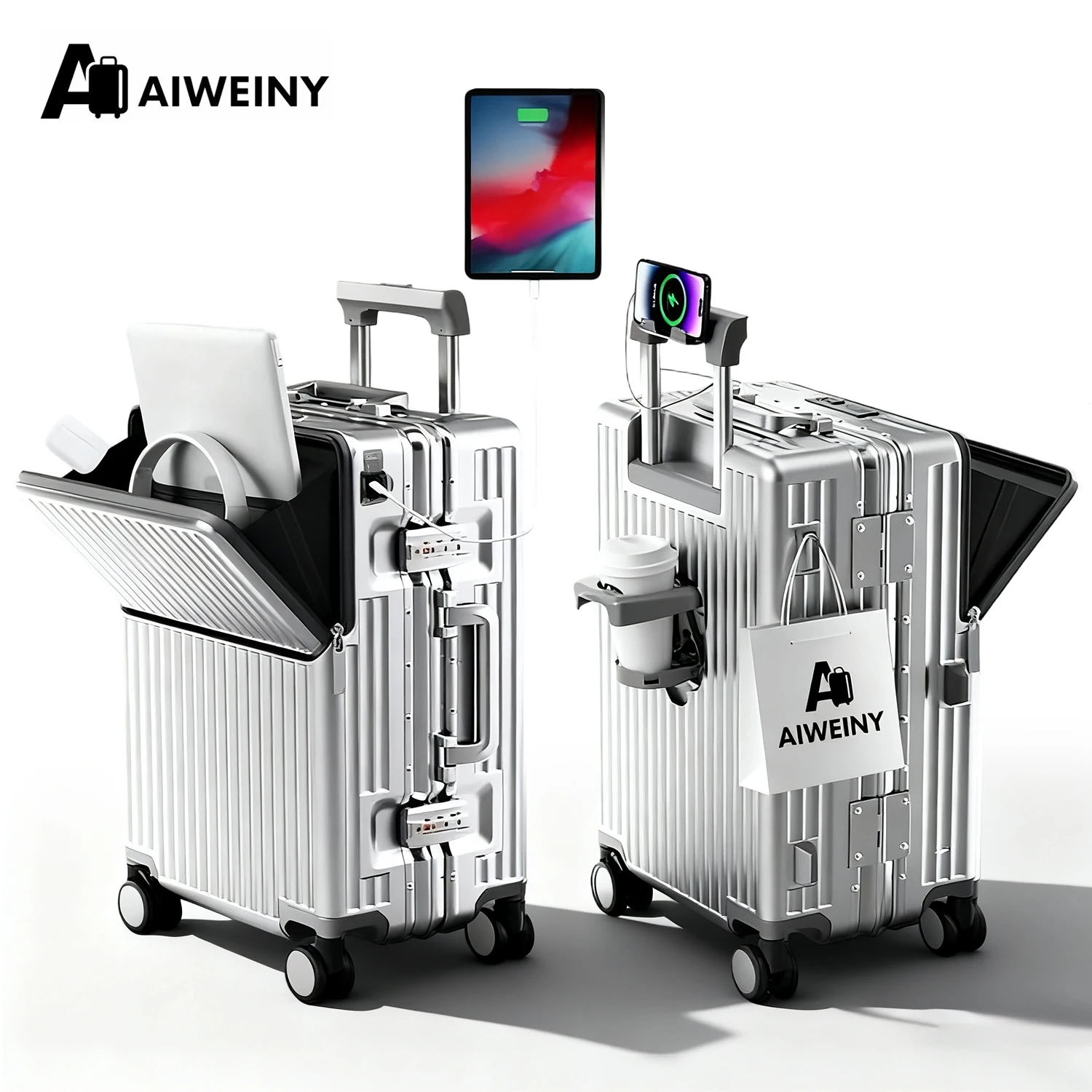 AIWEINY 2025 알루미늄 프레임 수트케이스 PC 하드셸 압력 저항 여행용 가방, 360° 무소음 다방향 바퀴 가방, 컵 홀더 및 수납 선반, TSA 잠금장치 포함.